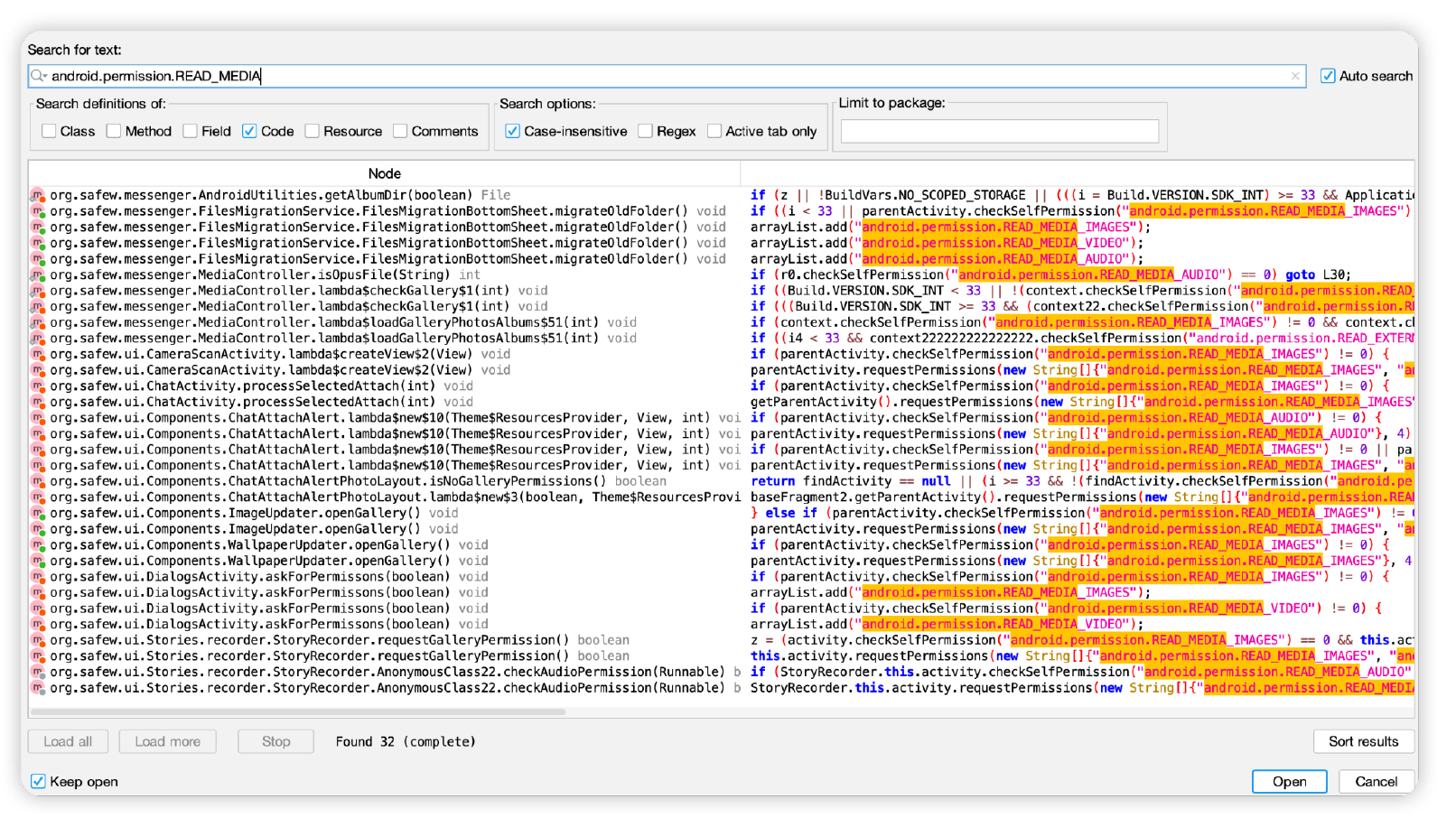 the READ_MEDIA permission code screenshot from the report